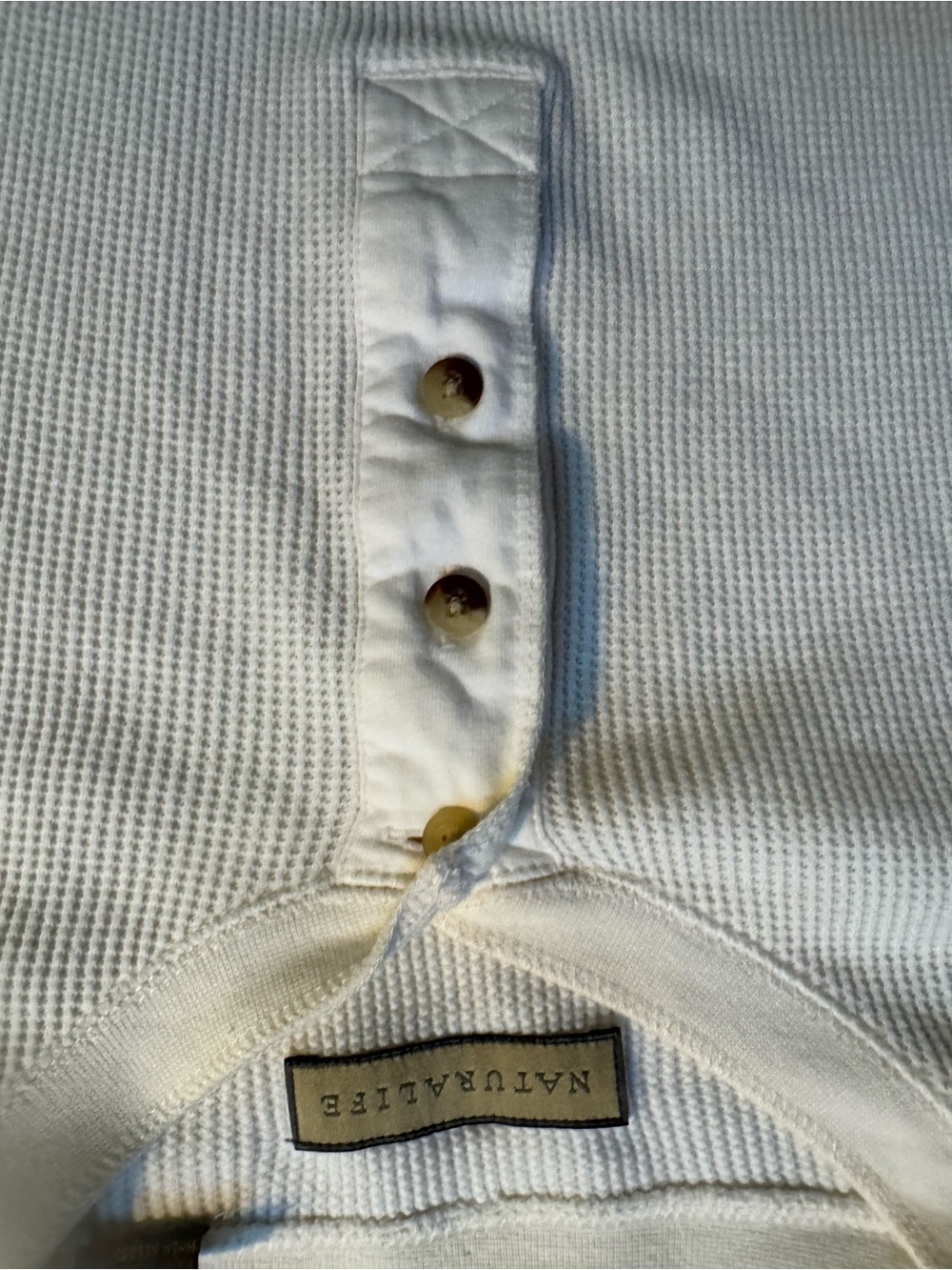 NATURAL LIFE Ivory waffle knit Henley with 3 buttons Wood Buttons long sleeves